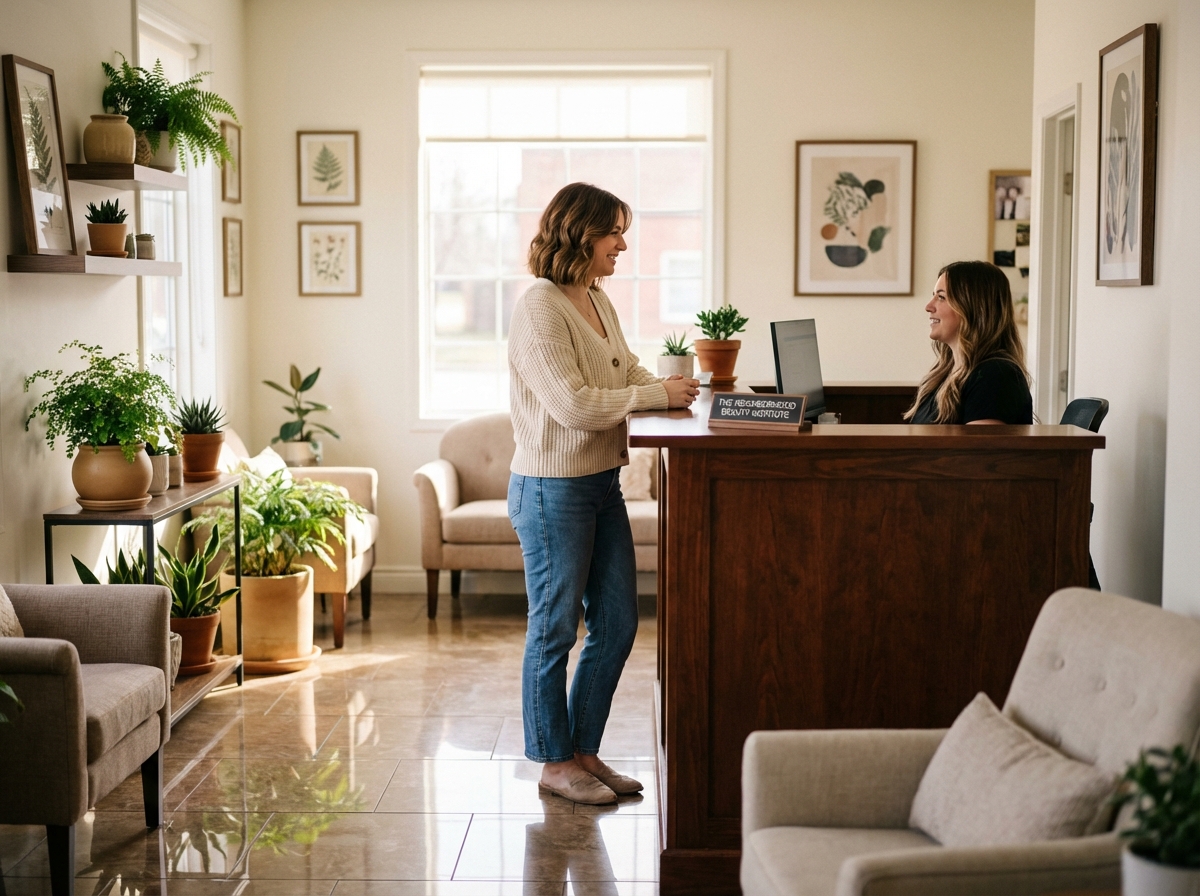 Jeune femme discutant à la réception d un institut de beauté