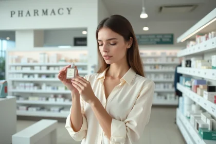 Femme en pharmacie tenant un flacon de musc intime devant un rayon de produits cosmétiques