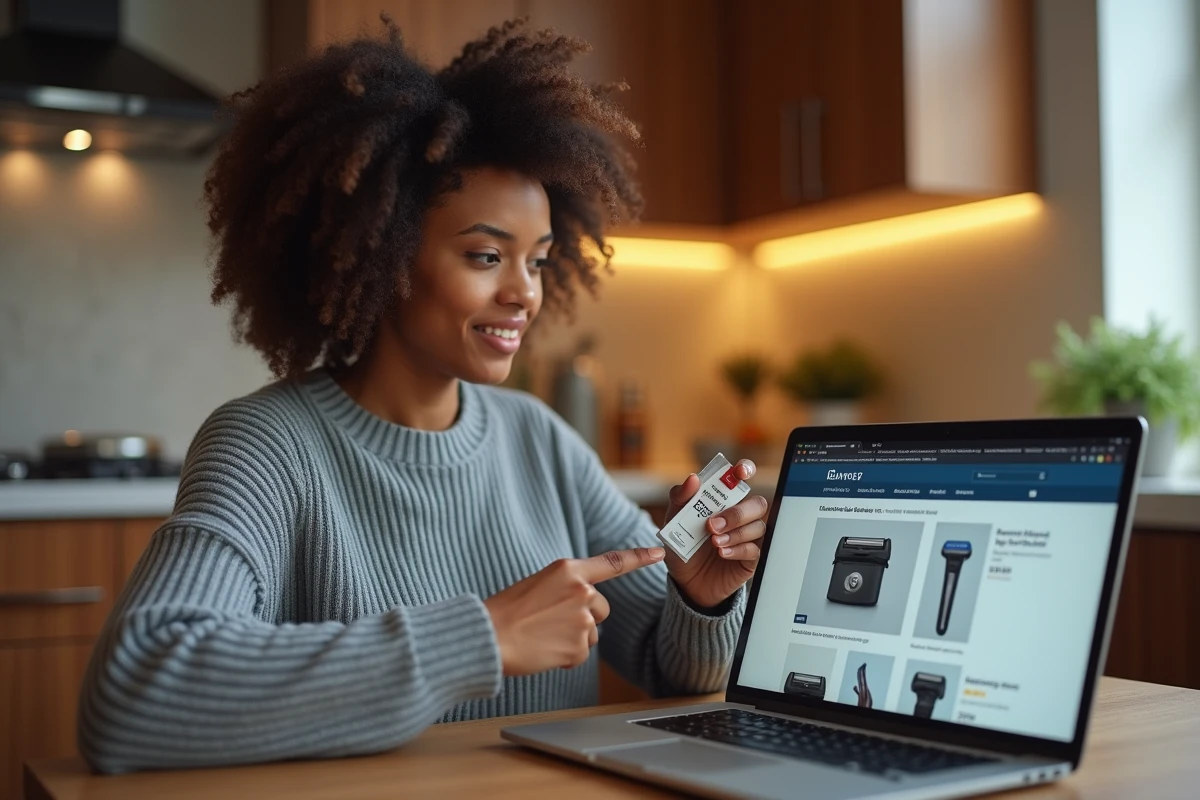Femme consultant les prix des accessoires compatibles OneBlade 360 en ligne depuis sa cuisine
