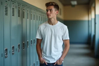 Adolescent avec une coupe taper fade propre en couloir de lycée, style tendance et discret