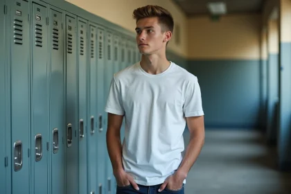 Adolescent avec une coupe taper fade propre en couloir de lycée, style tendance et discret