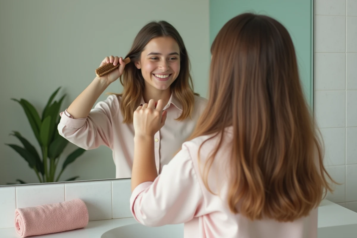 Adolescente souriante se coiffant devant un miroir avec un ruban Kardoune à côté