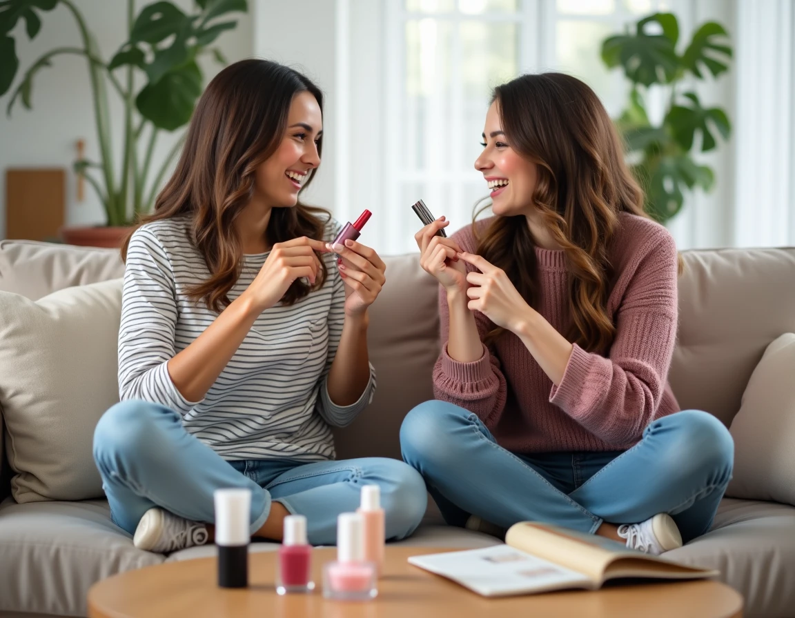 Deux amies comparant leurs box beauté mensuelles sur un canapé en lin, échangeant produits de maquillage et riant ensemble