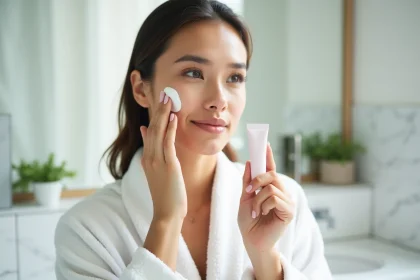 Jeune femme appliquant la crème hydratante Biolane visage dans sa salle de bain le matin