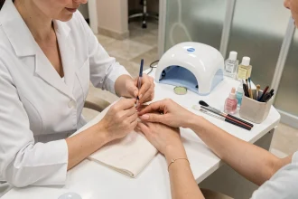 Technicienne en institut appliquant du gel UV sur un ongle court naturel avec un pinceau de précision