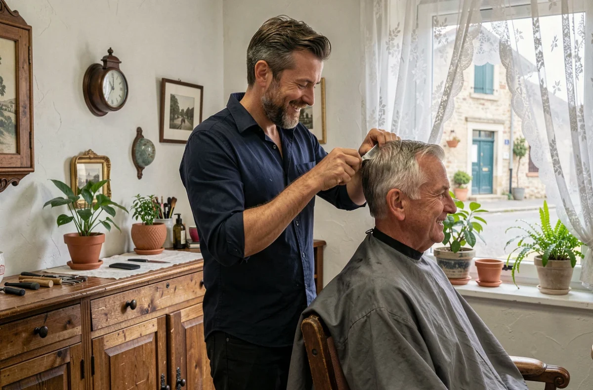 Coiffeur de proximité réalisant une coupe dans son salon de quartier à Bourgneuf-en-Retz