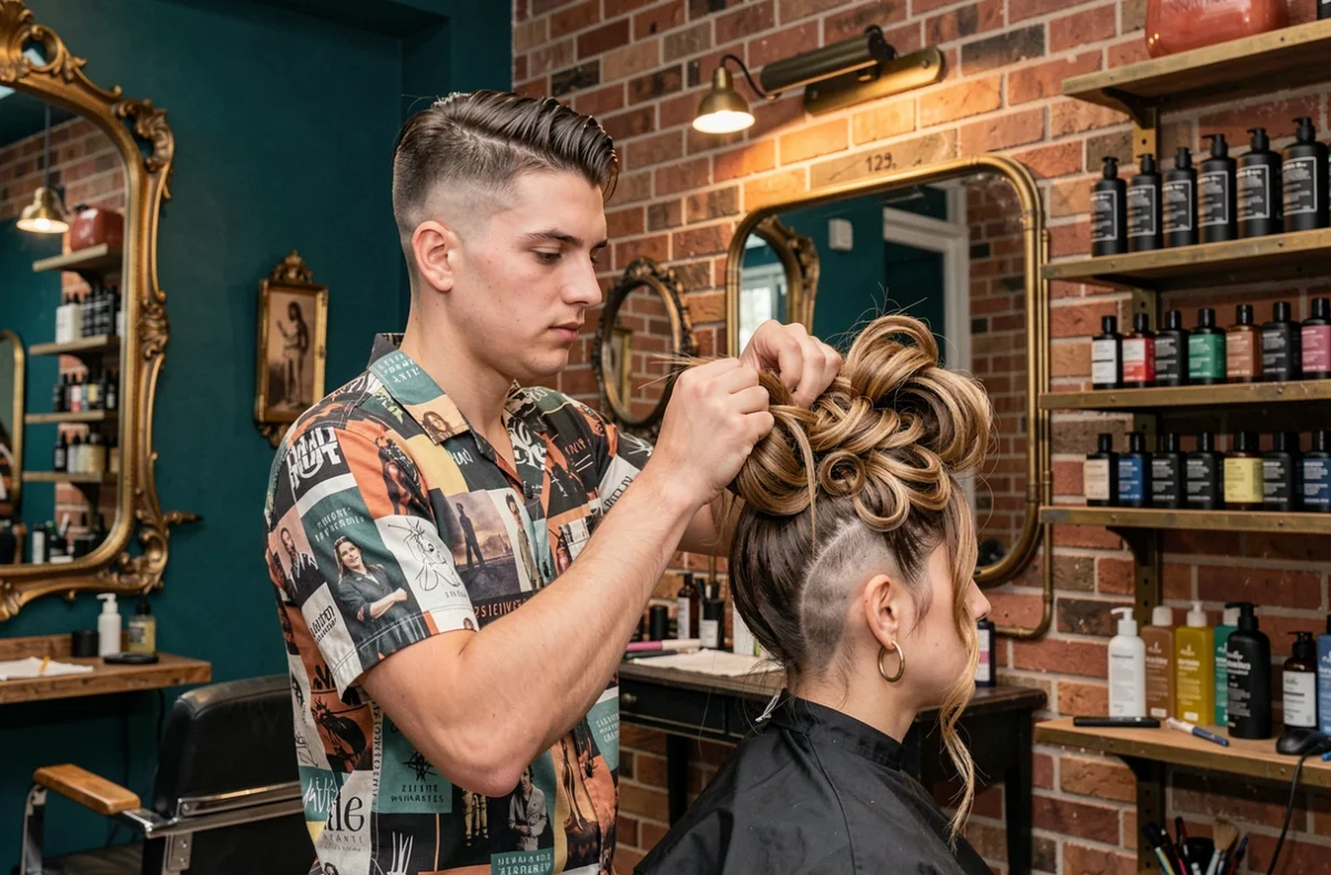 Coiffeur créatif réalisant une coiffure artistique dans son salon Au 9 Côté Cour à Nantes
