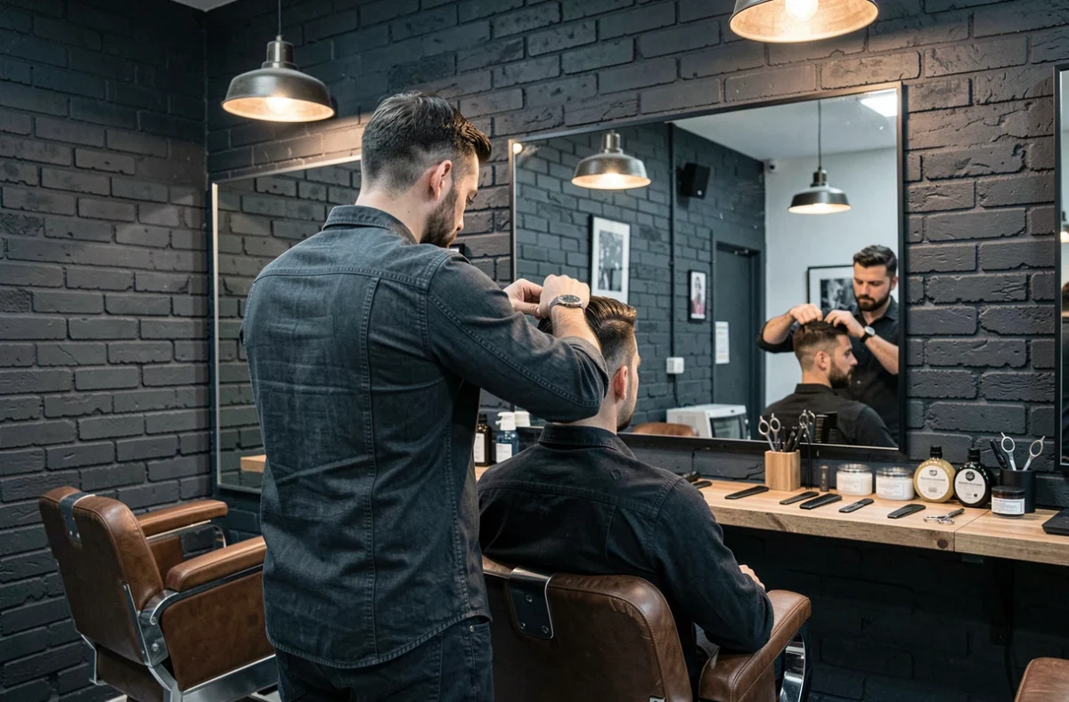 Barbier stylisant les cheveux d'un client dans un barbershop tendance de Montpellier dans l'Hérault avec décor industriel et miroir mural