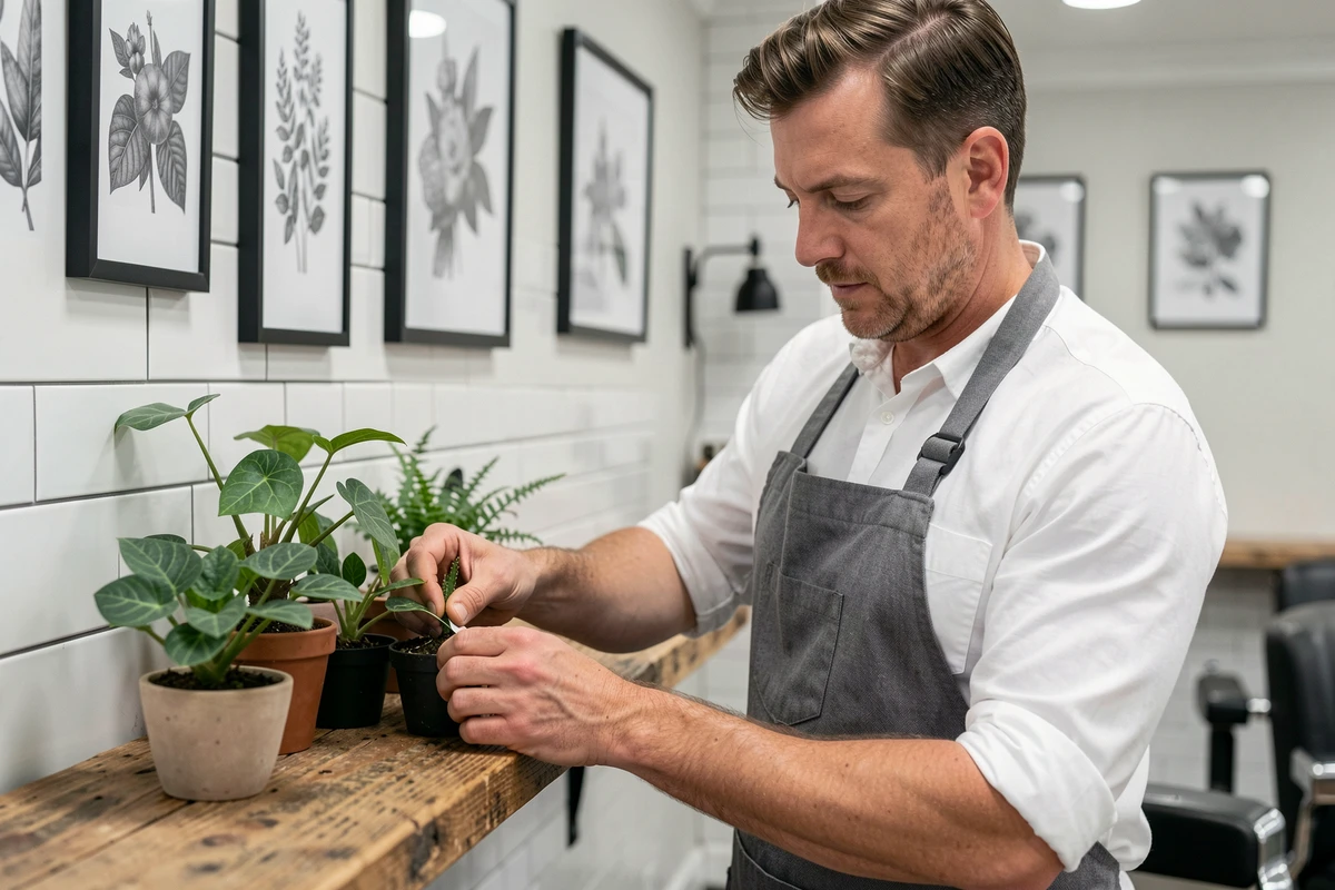 Barbier arrangeant des plantes décoratives dans un salon de coiffure contemporain aux carreaux blancs et aux éléments noirs mats