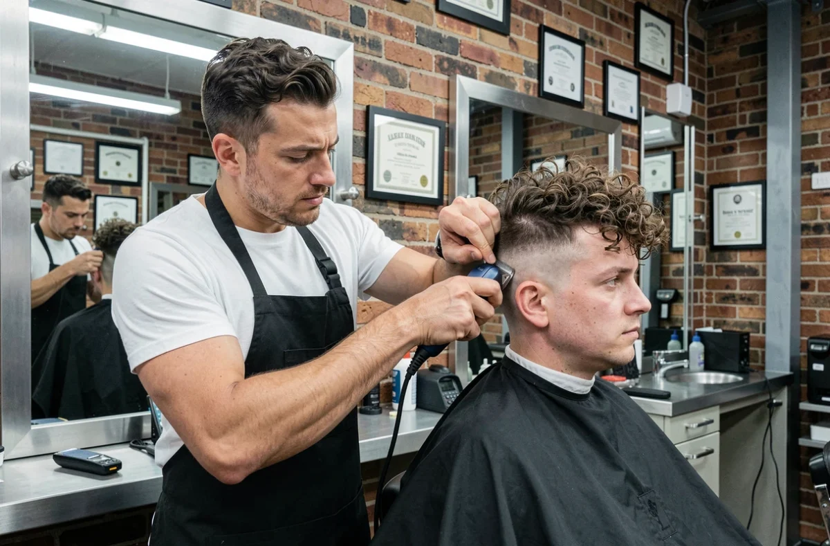 Barbier professionnel réalisant un dégradé taper sur cheveux bouclés denses dans un salon au style industriel