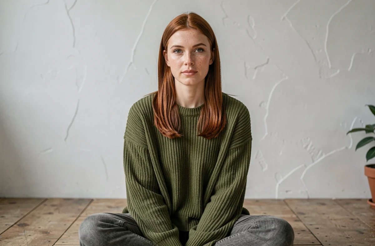 Portrait intimiste d'une femme rousse dans un appartement minimaliste évoquant la beauté authentique et la confiance en soi