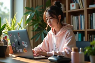 Jeune femme geek et passionnée de beauté bloguant depuis son bureau à domicile entouré de mangas, produits cosmétiques et manette de jeu vintage
