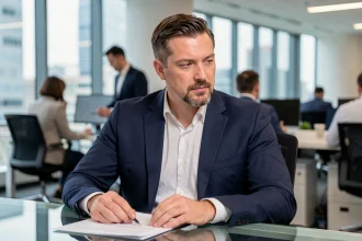 Homme en blazer marine avec bouc menton soigné dans un bureau corporate moderne