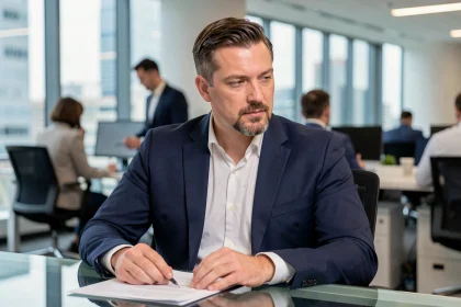 Homme en blazer marine avec bouc menton soigné dans un bureau corporate moderne