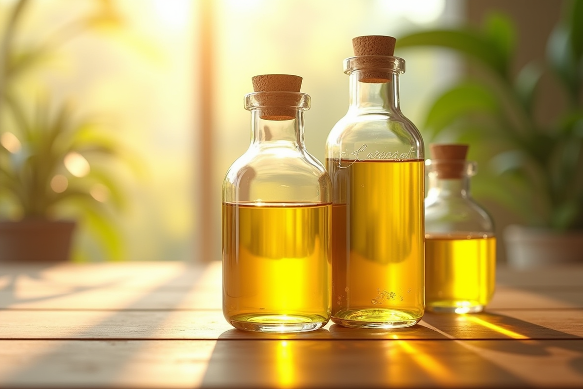 Bouteilles d huiles naturelles sur surface en bois lumineux