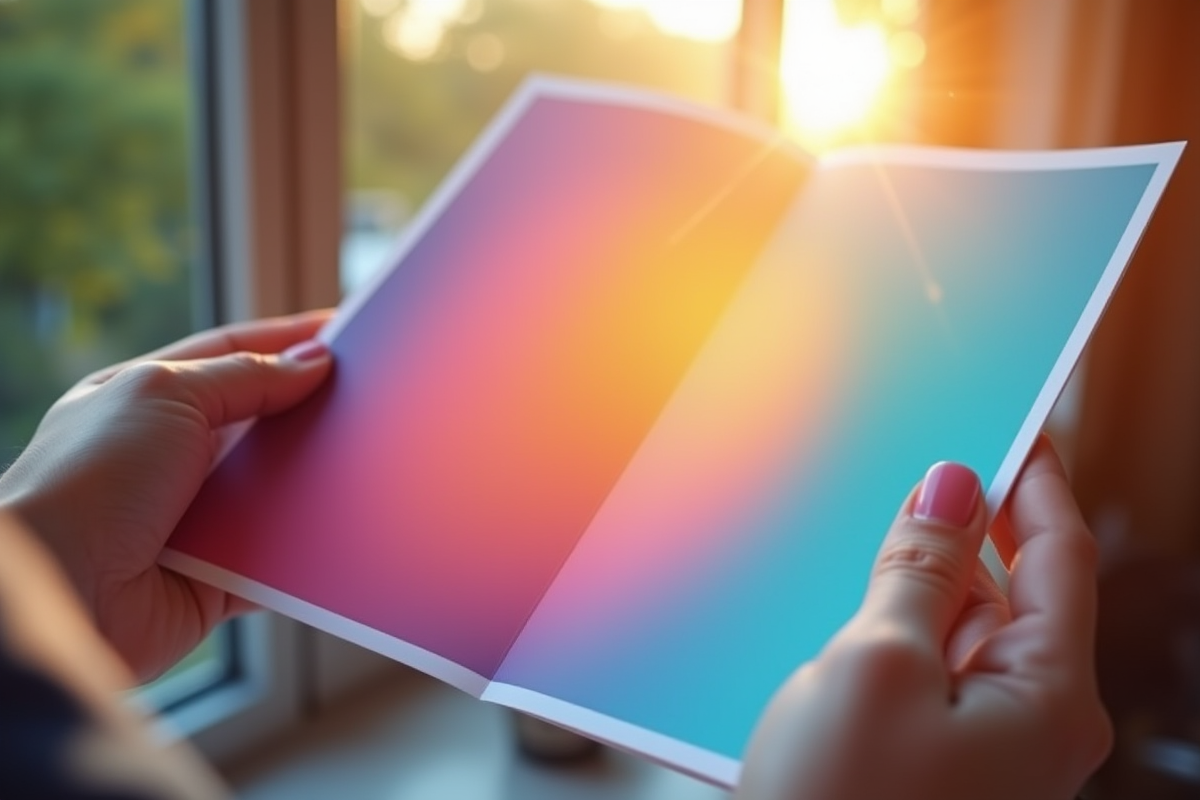 Mains tenant une brochure avec dégradés vibrants en lumière naturelle