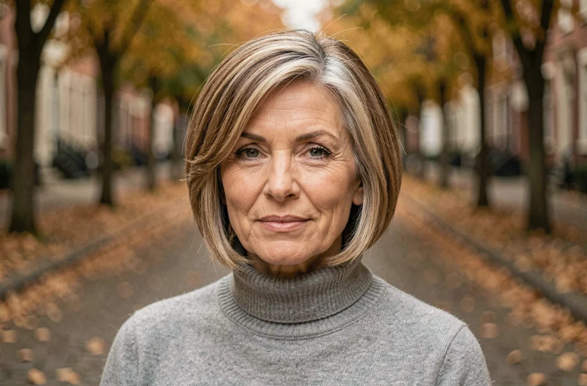 Femme élégante de 50 ans arborant un carré court dégradé effilé en extérieur sur une rue pavée en automne, coiffure qui affine les traits