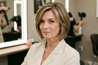 Femme de 45 ans avec un carré court effilé dégradé qui affine et lève les traits du visage, photographiée dans un salon de coiffure moderne