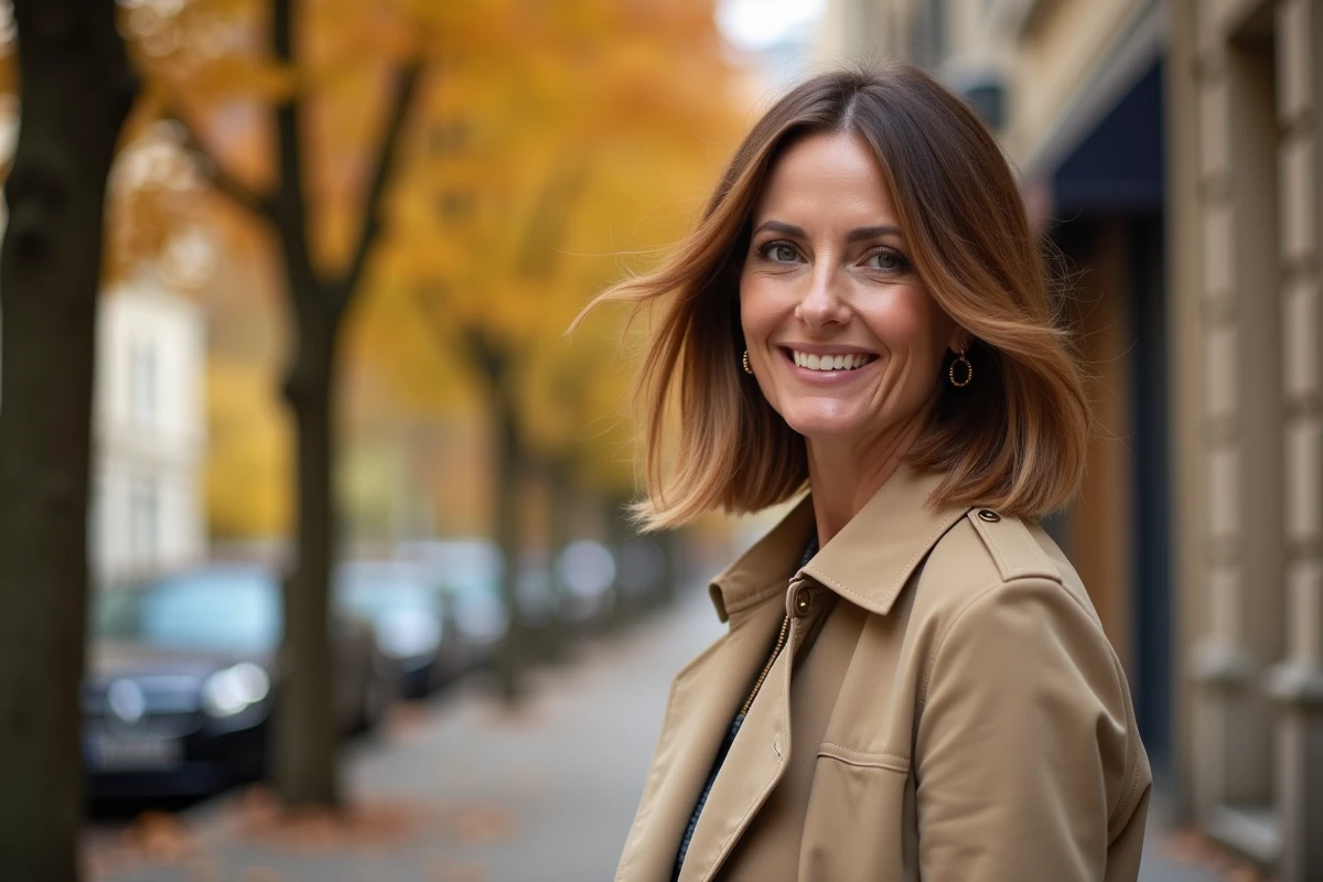 Femme élégante en manteau beige avec un carré dégradé et balayage caramel dans une rue parisienne en automne