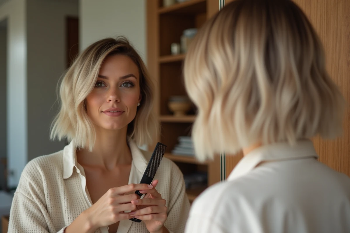 Jeune femme admirant son carré dégradé inversé avec balayage cendré dans un miroir de coiffeuse moderne