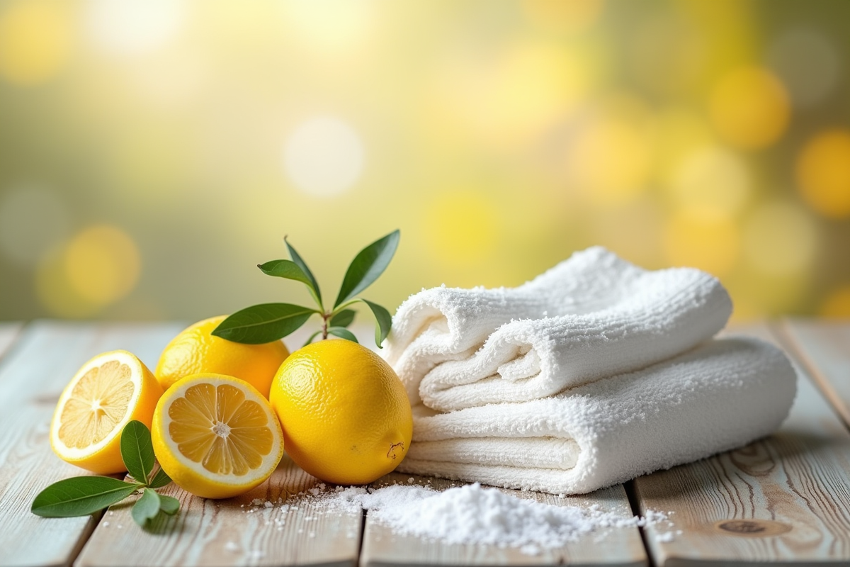 Citron, bicarbonate et serviettes sur une table en bois