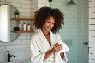 Jeune femme aux cheveux bouclés mouillés qui applique une technique de scrunching avec une serviette en microfibre après la douche dans une salle de bain