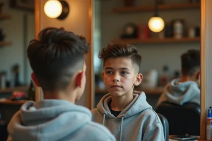 Adolescent de 14 ans assis dans un fauteuil de barbier moderne, coupe mi-longue en transition entre style enfant et style ado, reflet dans le miroir d'un salon contemporain