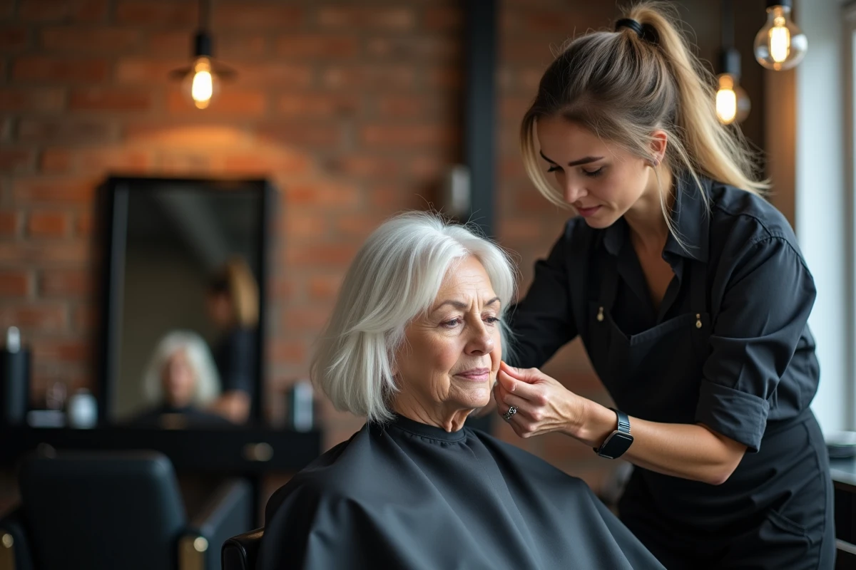 Coloriste appliquant un balayage sur les cheveux blancs d'une cliente dans un salon de coiffure urbain moderne
