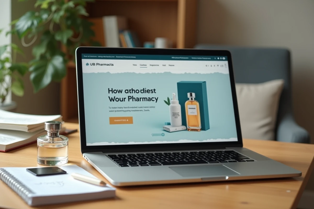 Achat en ligne de musc intime sur un site de pharmacie affiché sur un ordinateur portable avec flacon posé sur un bureau