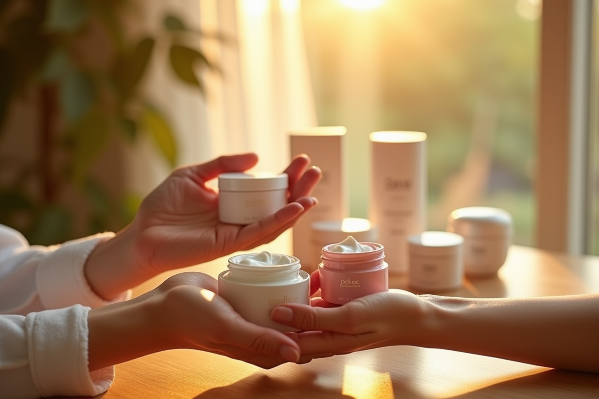 Mains comparant textures de crèmes de beauté sur table en bois