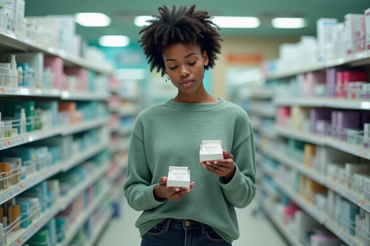 Femme comparant deux crèmes réparatrices en pharmacie pour choisir le soin adapté à sa peau sensible