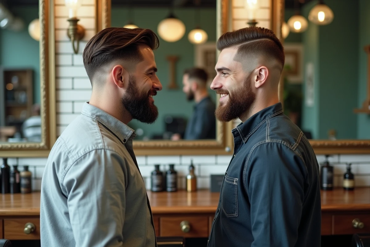 Comparaison entre un dégradé raie sur le côté et un undercut classique, deux hommes dans un salon de coiffure moderne face au miroir