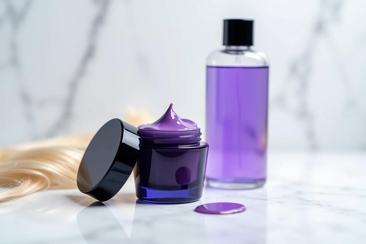 Comparaison entre un pot de patine cheveux professionnelle et un shampoing bleu violet posés sur marbre blanc