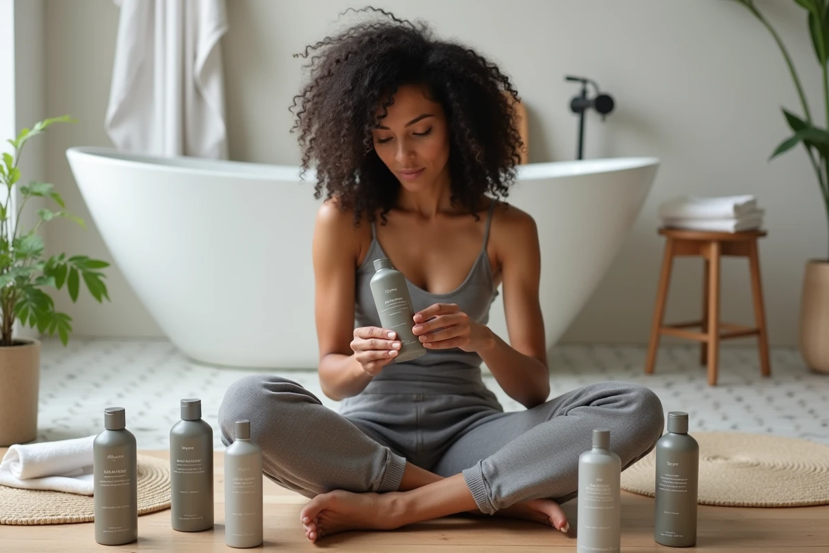 Femme comparant les étiquettes de produits capillaires Cutrins et Kérastase sur le sol d'une salle de bain