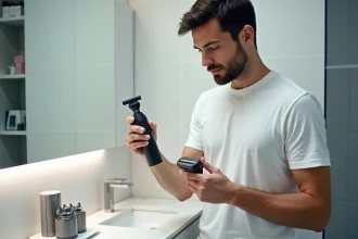 Homme comparant des lames de rechange compatibles OneBlade 360 dans une salle de bain moderne