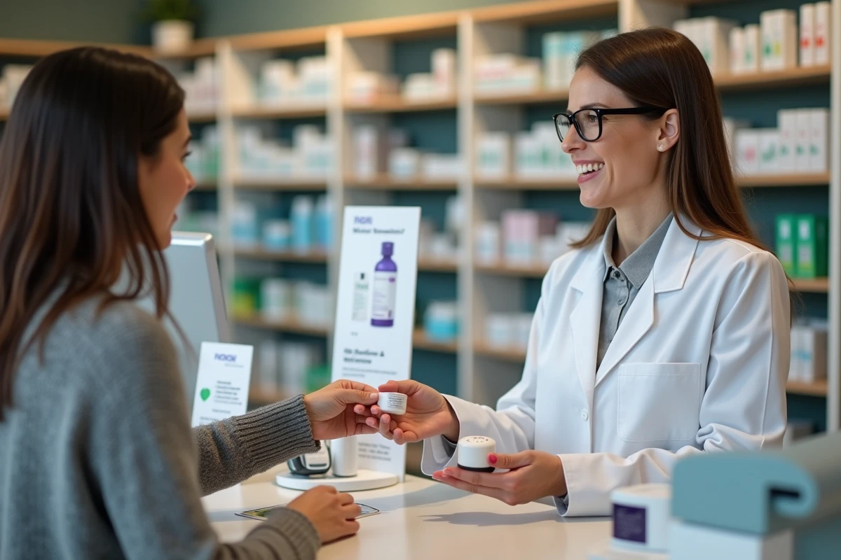 Pharmacienne remettant un produit de musc intime à une cliente au comptoir d'une pharmacie