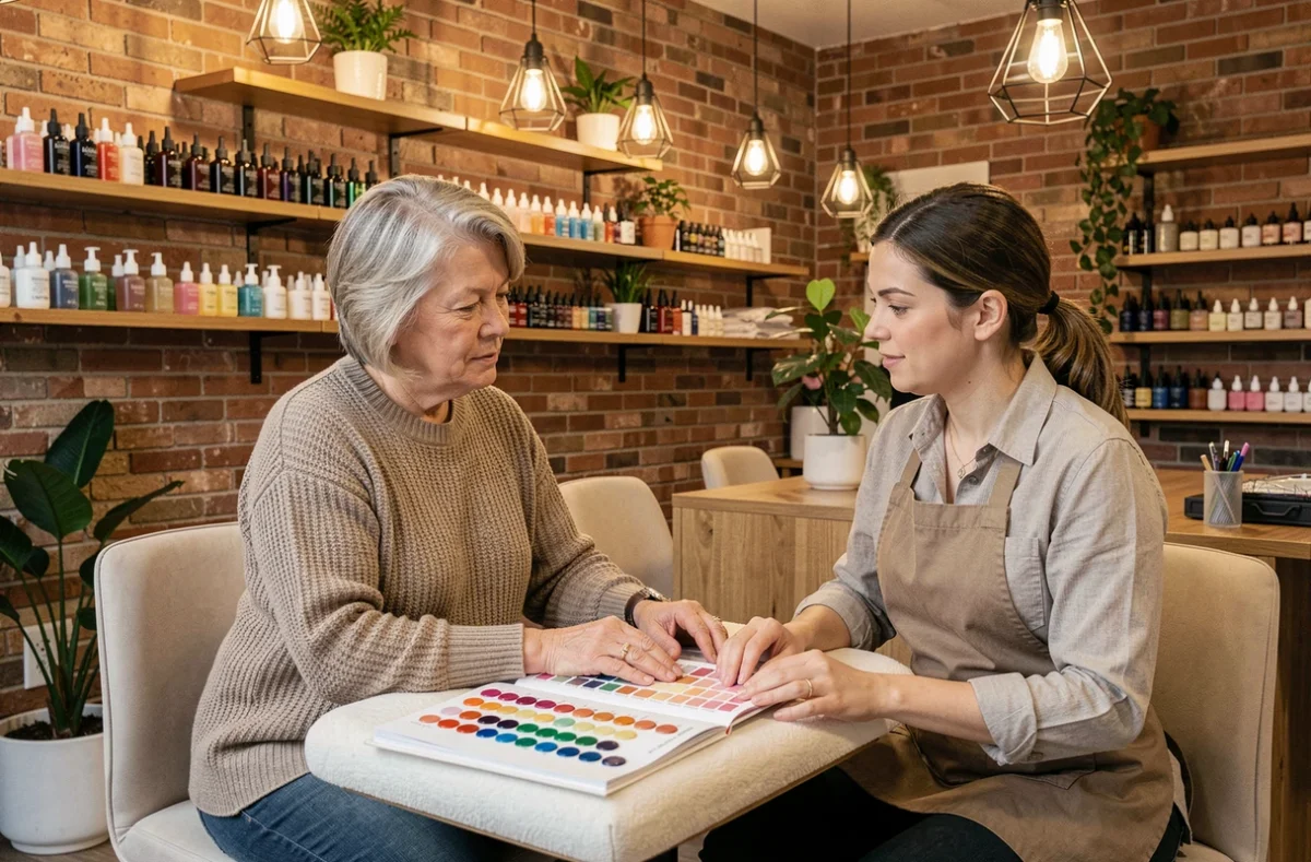 Cliente et technicienne en discussion devant un nuancier de gels dans un salon de manucure moderne