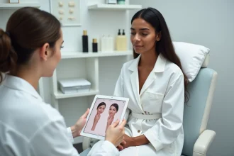 Femme à peau mate en consultation dermatologique avant un traitement laser au Centre Laser Maelis