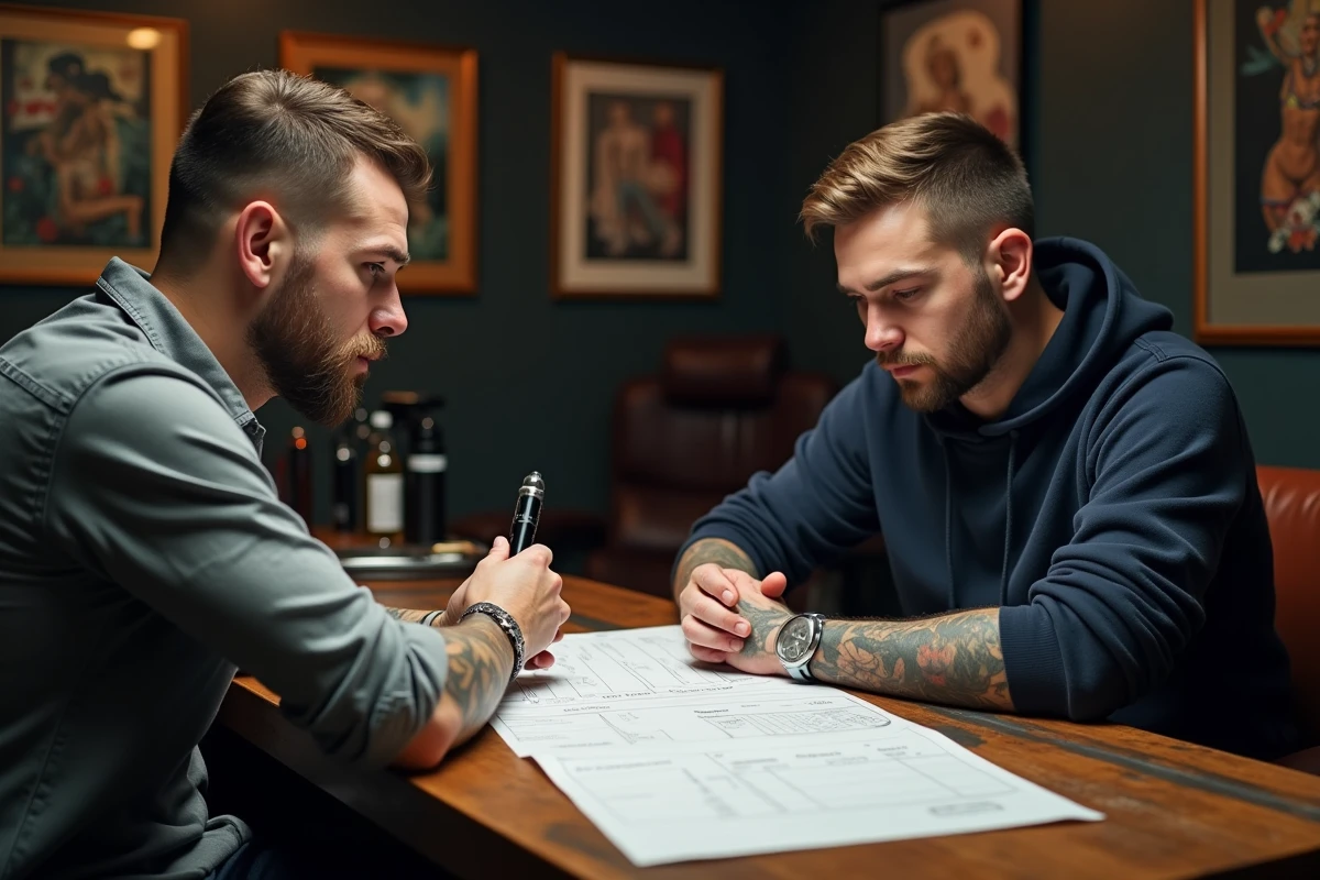 Consultation de tatouage en salon avec un tatoueur et un client examinant ensemble un devis manuscrit et une liste de prix officiels sur le comptoir