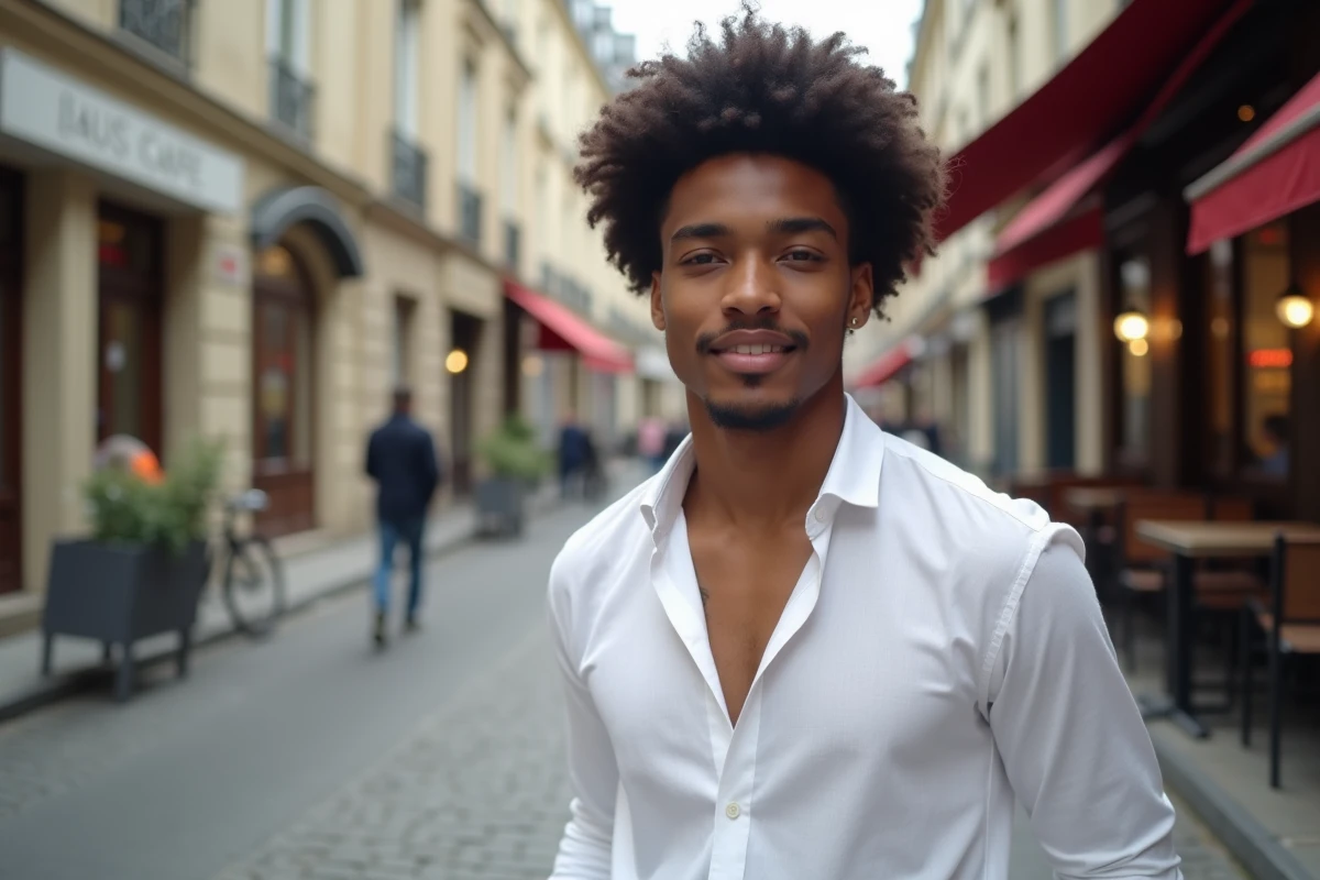 Jeune homme avec une coupe afro bien définie et une mise en forme nette, posant dans une rue pavée parisienne en chemise blanche