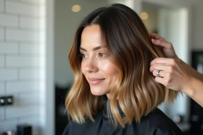 Femme en salon de coiffure avec une coupe carré dégradée et un balayage naturel miel sur fond blanc épuré