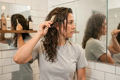 Femme aux cheveux frisés qui se coiffe devant un miroir de salle de bain avec un peigne à grosses dents