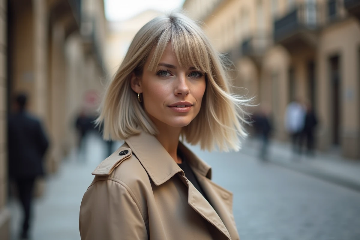 Femme blonde avec coupe dégradée mi-longue en extérieur urbain, mouvement naturel des cheveux lisses par le vent