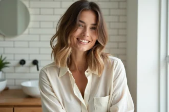 Femme aux cheveux lisses mi-longs avec coupe dégradée montrant du mouvement naturel sans fer à lisser