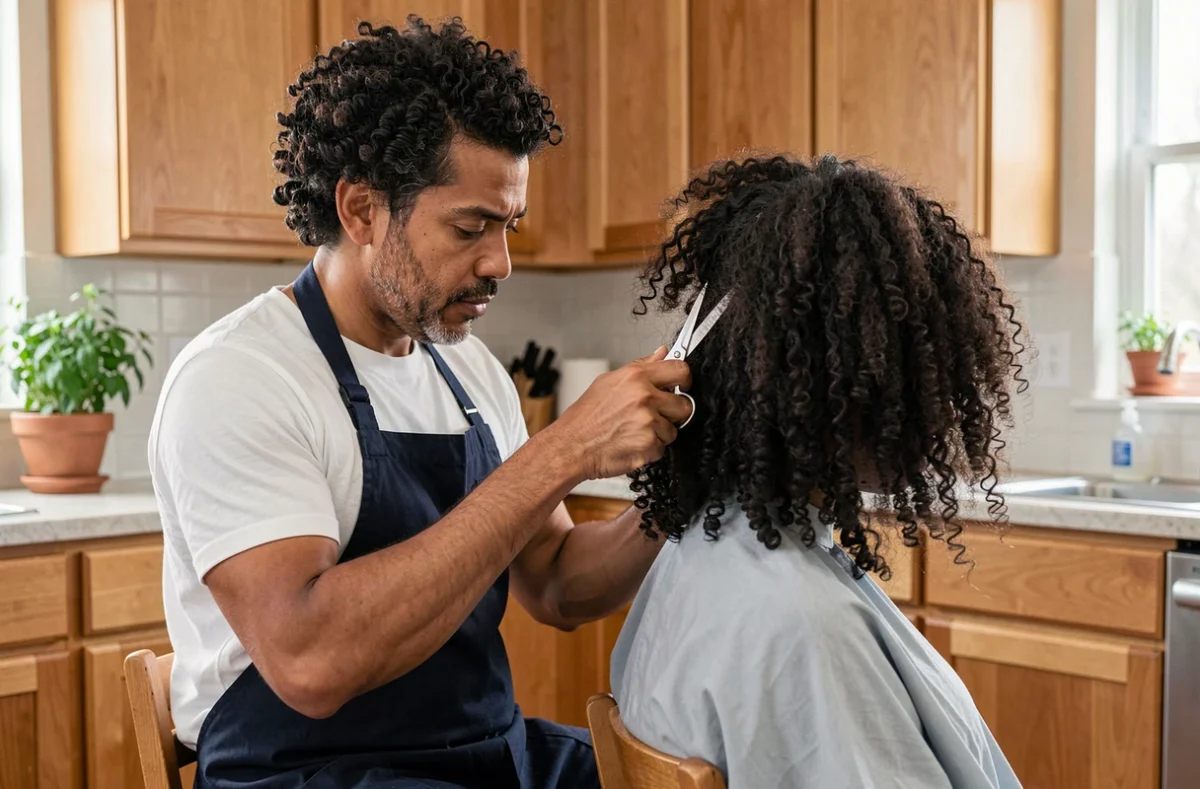 Homme qui coupe les cheveux frisés de sa partenaire à la maison dans une cuisine