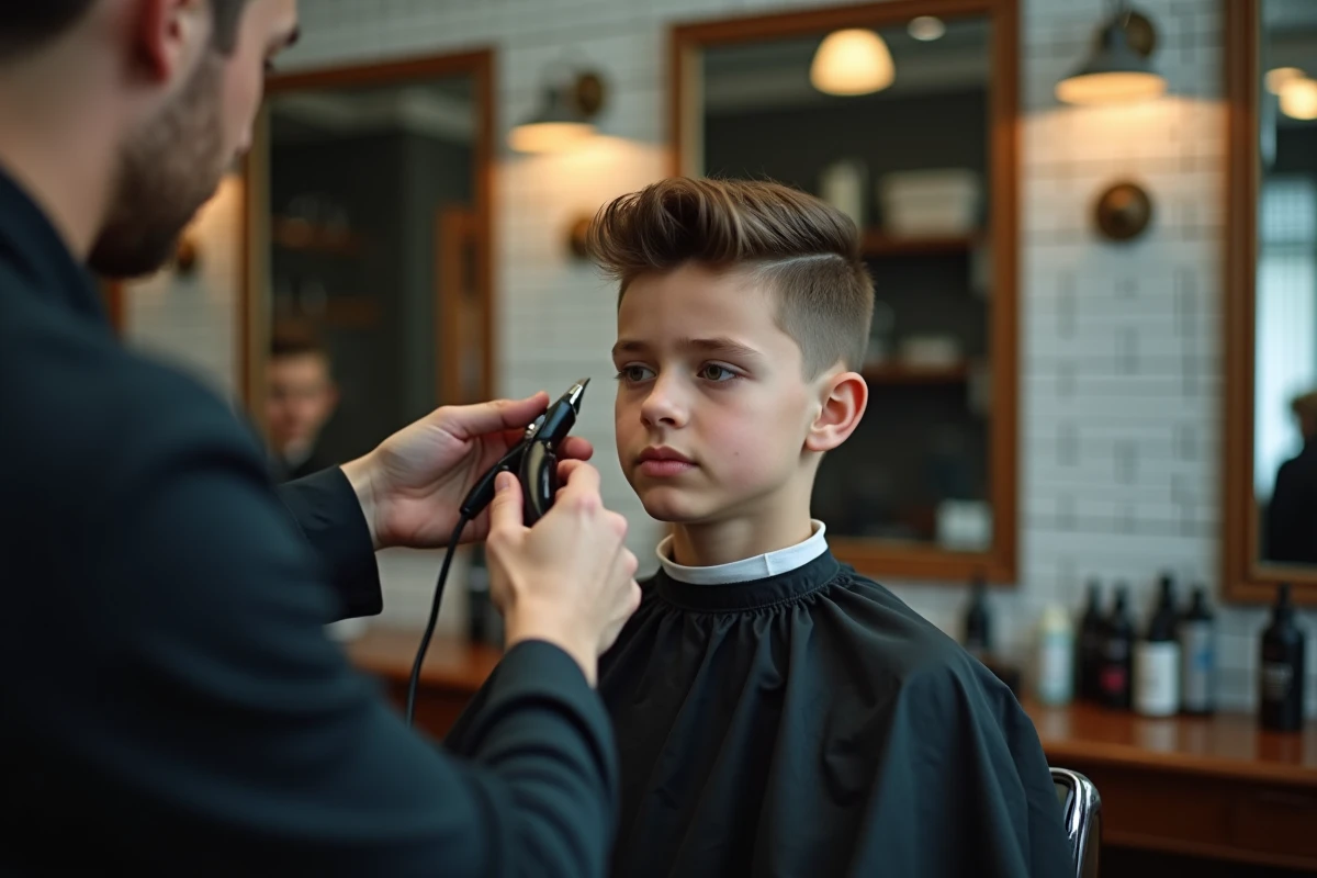 Adolescent en train de se faire faire une coupe taper chez le barbier, ambiance salon urbain authentique
