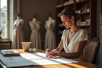 Femme élégante en haute couture dans un atelier parisien