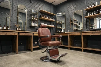 Intérieur d'un salon de coiffure masculin moderne au style industriel raffiné avec fauteuil en cuir bordeaux et étagères en bois