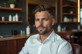 Homme aux cheveux coiffés en dégradé raie sur le côté dans un salon de coiffure moderne, vue en trois quarts