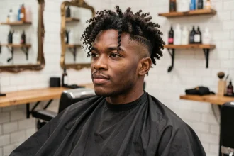 Jeune homme noir aux cheveux bouclés avec un dégradé taper ultra propre dans un salon de coiffure moderne